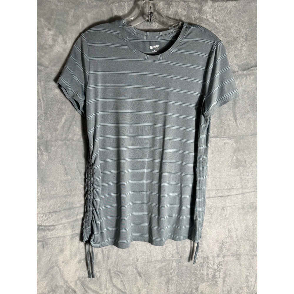 Duluth Trading Co Womens Medium Blue Striped Ruched Side Cinch Shirt green